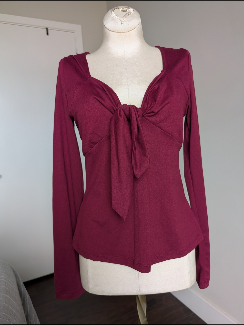 Tie-Front Long Sleeve Fall/Winter Blouse in Burgundy Size L